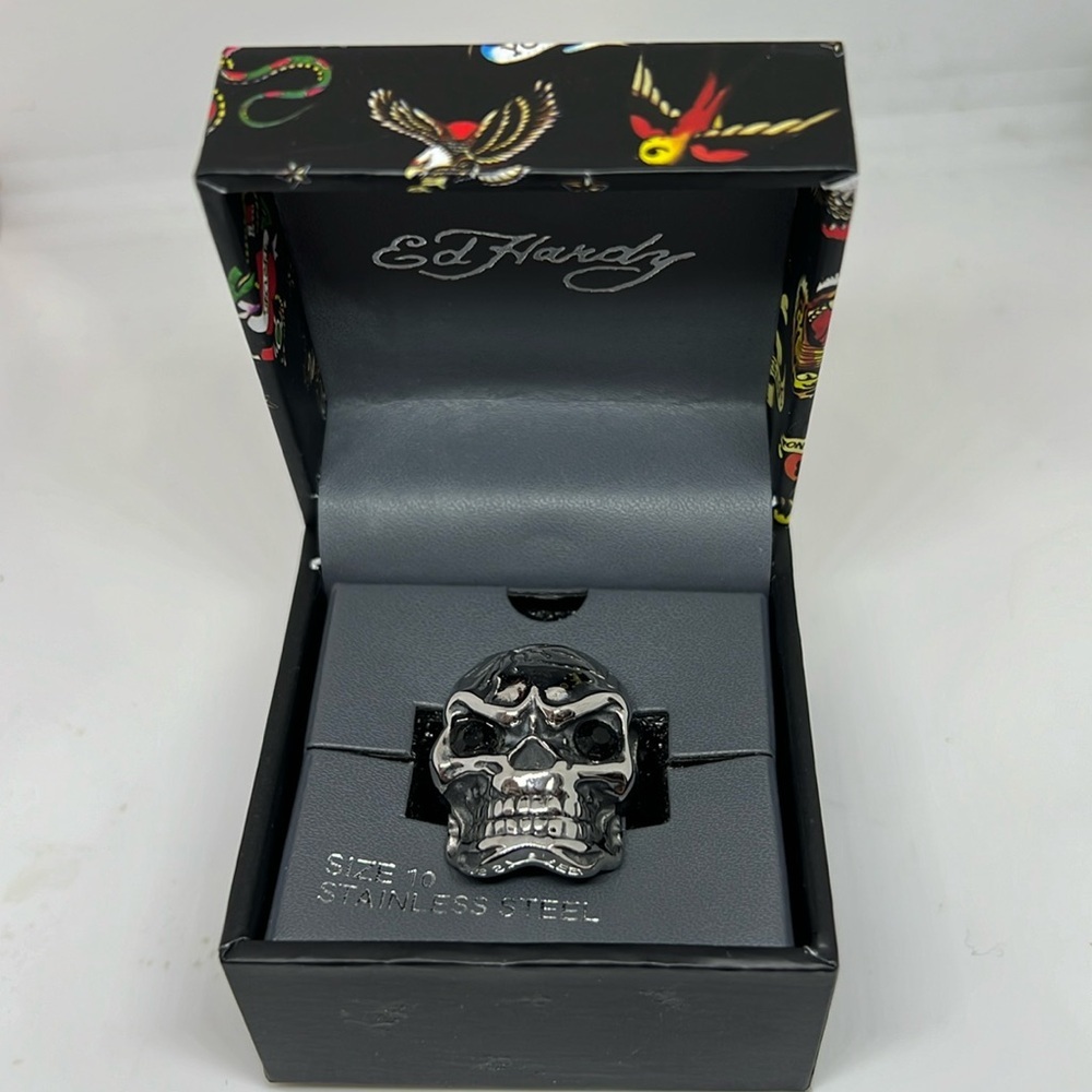 Men’s Ring Ed Hardy Skull Stainless Steel Ring Size 10 Black Eye Rhinest…